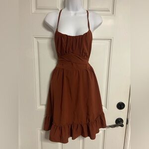 T31a- LYANER Rust Brown Pleated Ruffle Spaghetti Belted Fit & Flare Dress